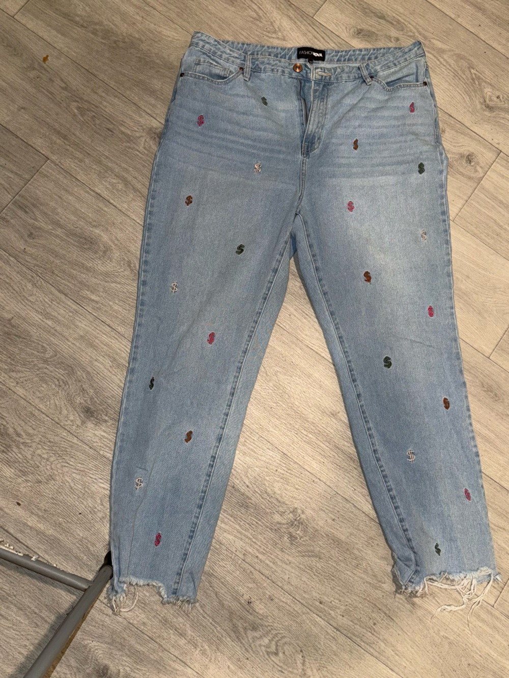 Fashion Nova Light Blue Straight Leg Jeans with Multicolor Embroidery